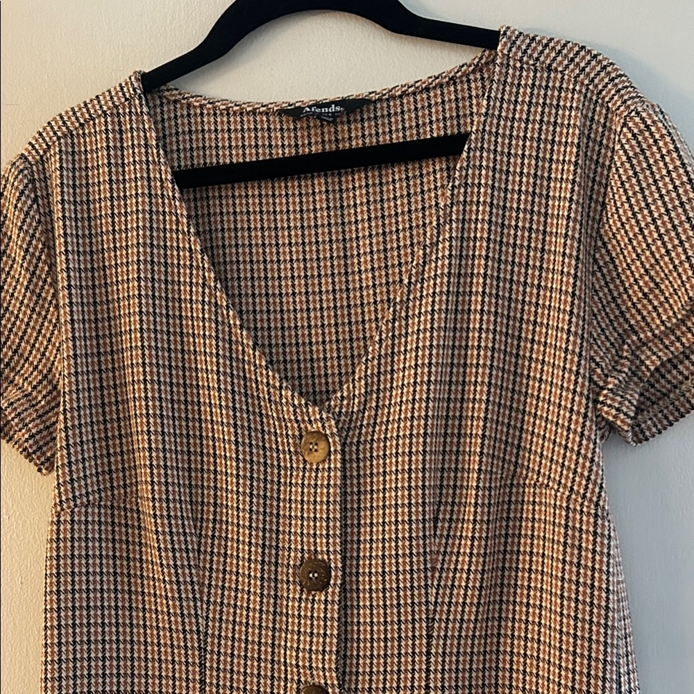 Afends Plaid Gingham V-Neck Checkered Button-Down dress - Black and Tan